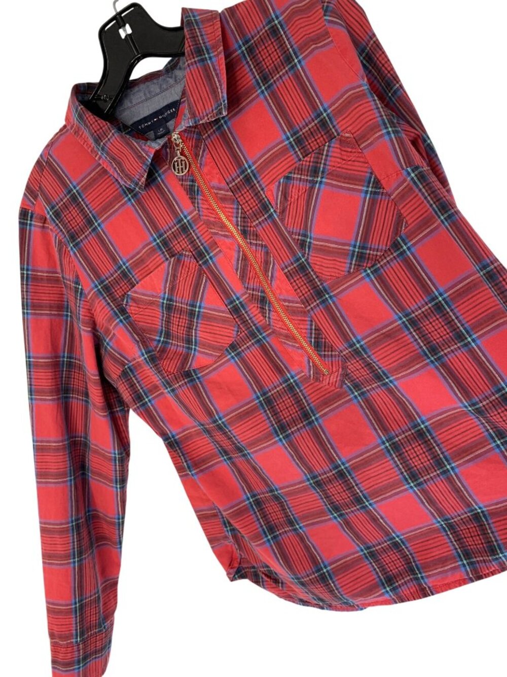 Tommy Hilfiger Red Plaid Long Sleeve Shirt L Large Womens Gold Zip Logo Cotton